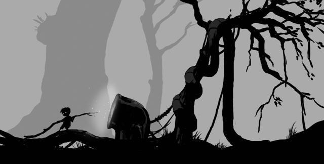 Image is grayscale, the forefront black being a young boy holding a stick in front of a glowing, bent pipe, while behind both is a crooked tree.