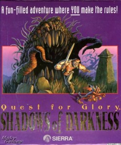 Box art for QFGIV, featuring the hero terrorizing a small imp, with a larger, betoothed plant figure about to devour him from behind.