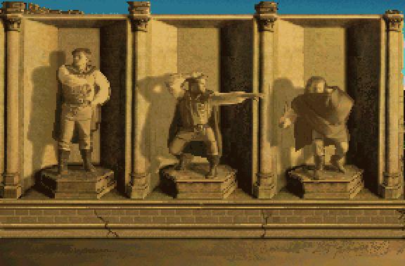 Quest for Glory I Character Roster set in sepia: (From Left to Right) Fighter, Wizard, Thief