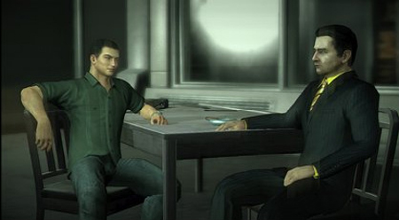 Scene from Alpha Protocol: Michael Thorton (left) leaning in his chair while speaking with Henry Leland (right) at a table.