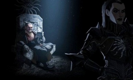Varric (left) sits in a throne, well-lit and holding a goblet while Cassandra (right) stands facing away from him in the shadows.