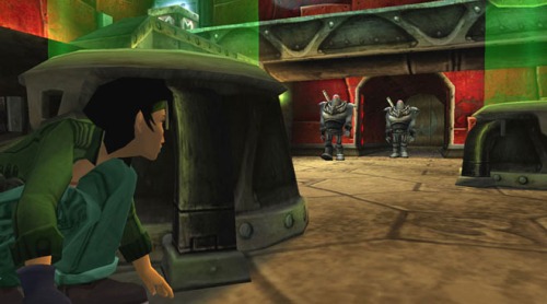 Jade (left) a woman of color (though I'd hesitate to say which race), hides behind a vat while two guards in armor from head to foot stand (right) by an archway.