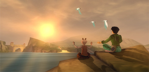 Jade and Fehn, an orphan who is a mixture of human and goat, are engaged in joga on a cliff, the sun rising to their left.