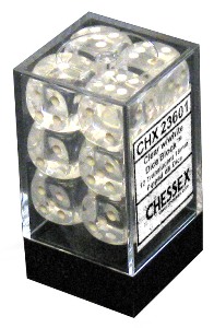 Dice A set of Chessex dice in transparent container. Inside are a set of twelve six-sided dice, these being clear.