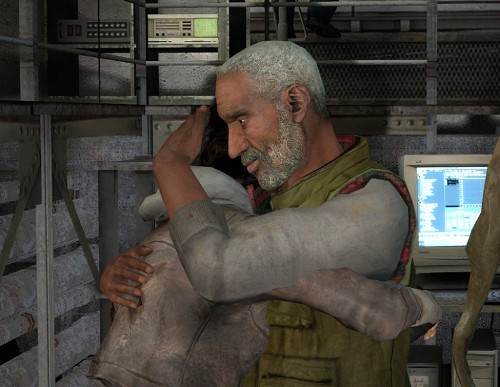 Alyx and Eli embracing in a laboratory.