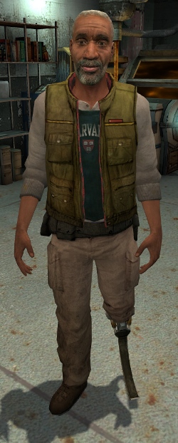 Eli Vance, an older black male with white hair and beard. His left leg is replaced by a prosthetic, and he wears shirt that states Harvard under a green vest.