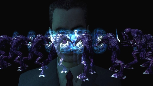 An image of multiple Vortigaunts proffering a line between G-Man's body and Gordon's, with an image of G-Man's face imposed over it.