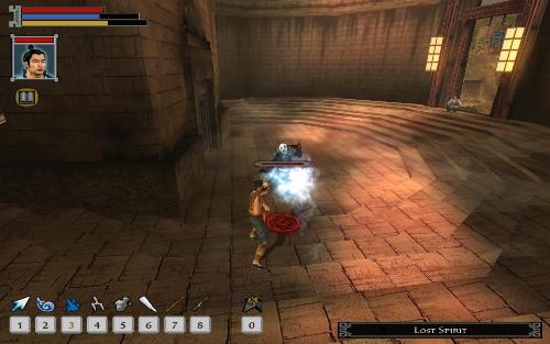 A battle scene, my character being at the bottom of the screen, Sky chanting in the upper right, and a ghost preparing a spell in front of my character. We're in an amphitheater shaped space that's actually part of a cemetery.