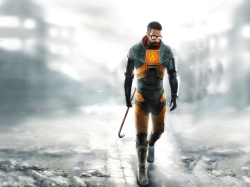 Gordon Freeman in his HEV suit, carrying a crowbar in his right hand.