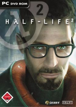 The cover of Half-Life 2. It states the name of the game at top, with the central focus being Gordon Freeman, a white male in his mid-twenties, wearing glasses, sporting a vandyke, and having short-cropped brown hair.