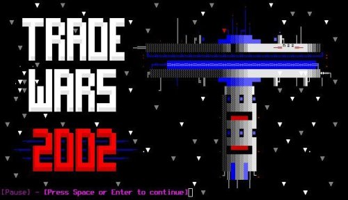 TradeWars The splash screen for Trade Wars. The title, "Trade Wars 2002" scrolls down the left-hand side, while a space station hovers right.