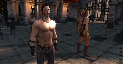 DA2BroHawkeShirtless Zel Hawke standing, shirtless, in The Gallows. Aveline turns her back to him.