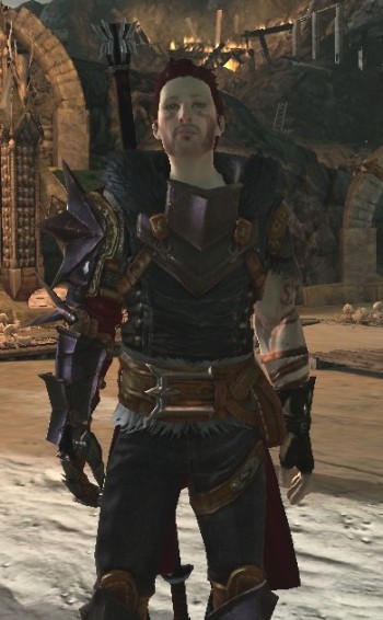 DA2ZelHawke Zel Hawke after earning his Champion armor. He's a scruffy, auburn-haired white man in his twenties, wearing pointy mage armor.