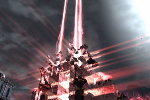 The Chantry of Kirkwall being blown up, emitting a red light.