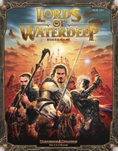 Lords of Waterdeep's cover, featuring two white men and a half-drow woman.